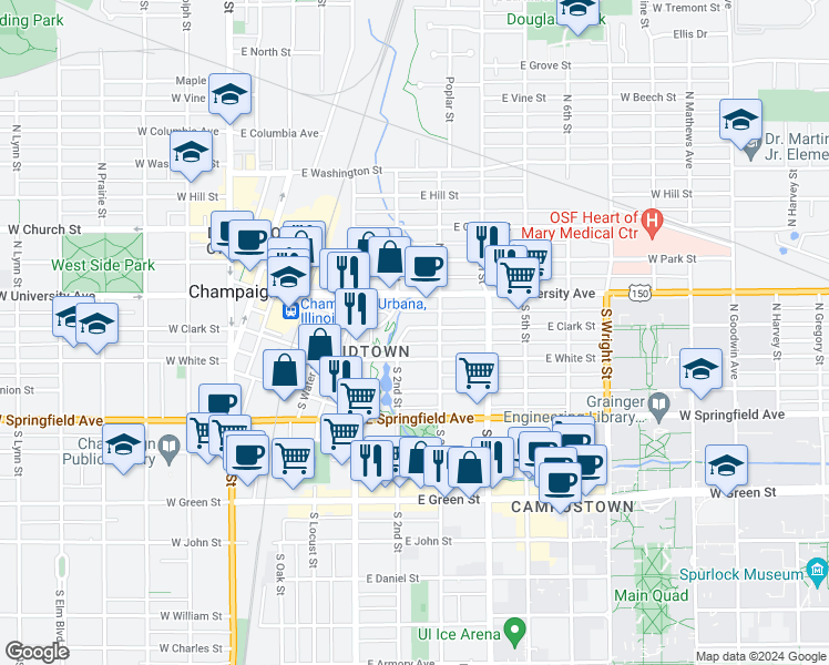 map of restaurants, bars, coffee shops, grocery stores, and more near 217 South 3rd Street in Champaign
