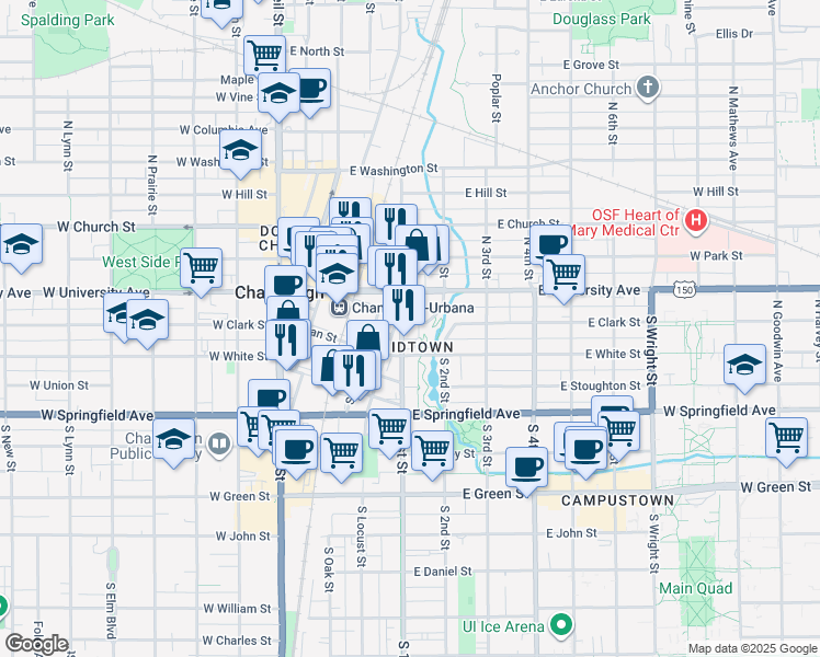 map of restaurants, bars, coffee shops, grocery stores, and more near 204 South 1st Street in Champaign