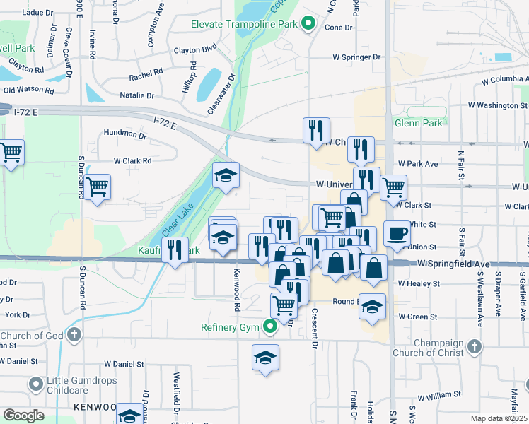 map of restaurants, bars, coffee shops, grocery stores, and more near 116 Kenwood Road in Champaign