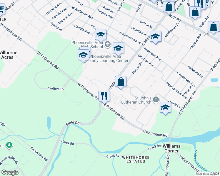 map of restaurants, bars, coffee shops, grocery stores, and more near 1410 State Road in Phoenixville