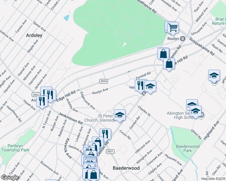 map of restaurants, bars, coffee shops, grocery stores, and more near 728 Castlewood Road in Glenside