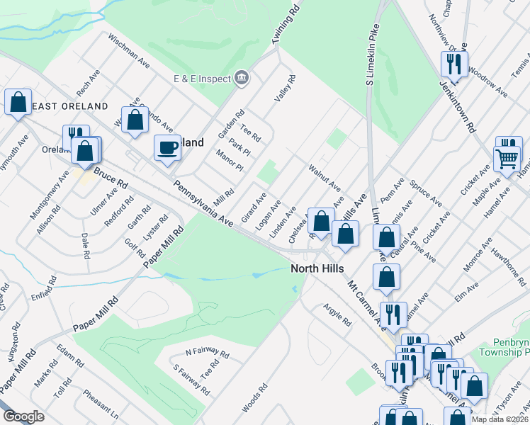 map of restaurants, bars, coffee shops, grocery stores, and more near 116 Linden Avenue in Glenside