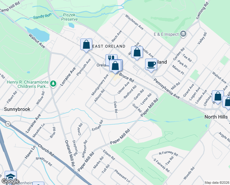 map of restaurants, bars, coffee shops, grocery stores, and more near 127 Redford Road in Oreland