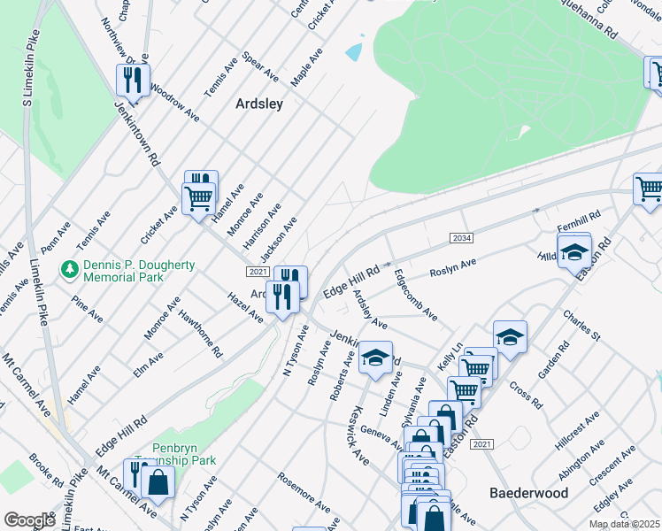 map of restaurants, bars, coffee shops, grocery stores, and more near 588 North Tyson Avenue in Glenside