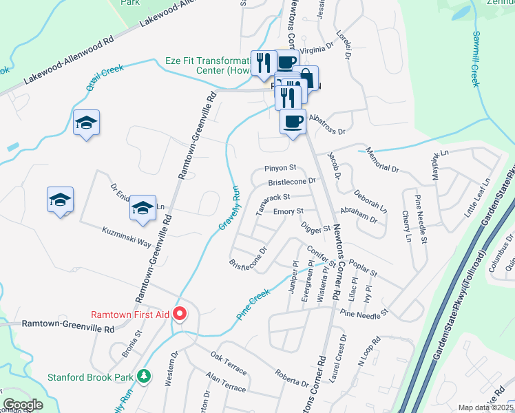 map of restaurants, bars, coffee shops, grocery stores, and more near 25 Tamarack Street in Howell Township