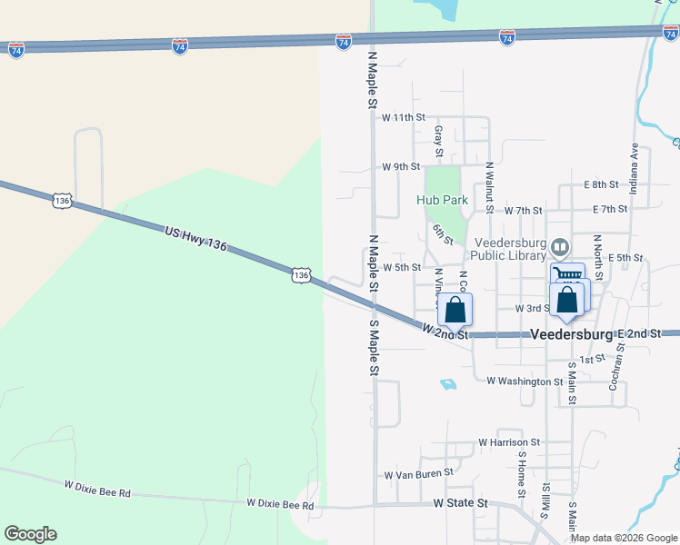 map of restaurants, bars, coffee shops, grocery stores, and more near 212 US Highway 136 in Veedersburg