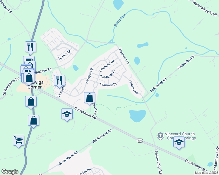 map of restaurants, bars, coffee shops, grocery stores, and more near 445 Fairmont Dr in Chester Springs
