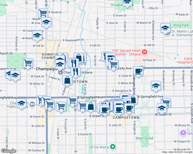 map of restaurants, bars, coffee shops, grocery stores, and more near 301 East Clark Street in Champaign