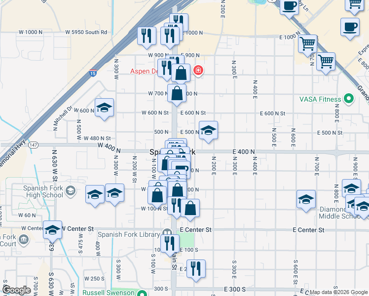 map of restaurants, bars, coffee shops, grocery stores, and more near 33 East 400 North in Spanish Fork