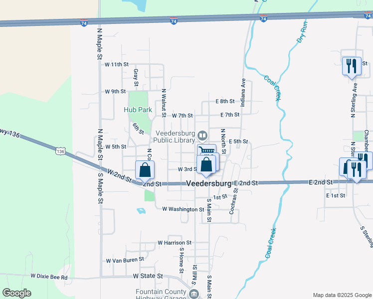 map of restaurants, bars, coffee shops, grocery stores, and more near 310 North Mill Street in Veedersburg