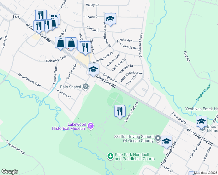 map of restaurants, bars, coffee shops, grocery stores, and more near 1600 West County Line Road in Lakewood Township