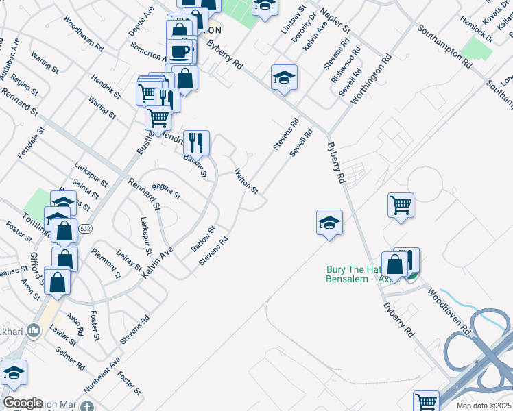 map of restaurants, bars, coffee shops, grocery stores, and more near 11864 Sewell Road in Philadelphia