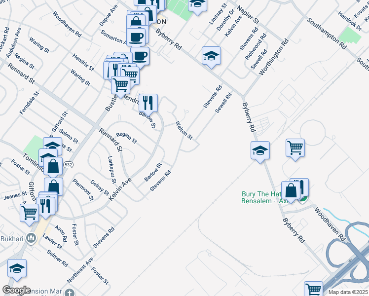 map of restaurants, bars, coffee shops, grocery stores, and more near 11854 Sewell Road in Philadelphia