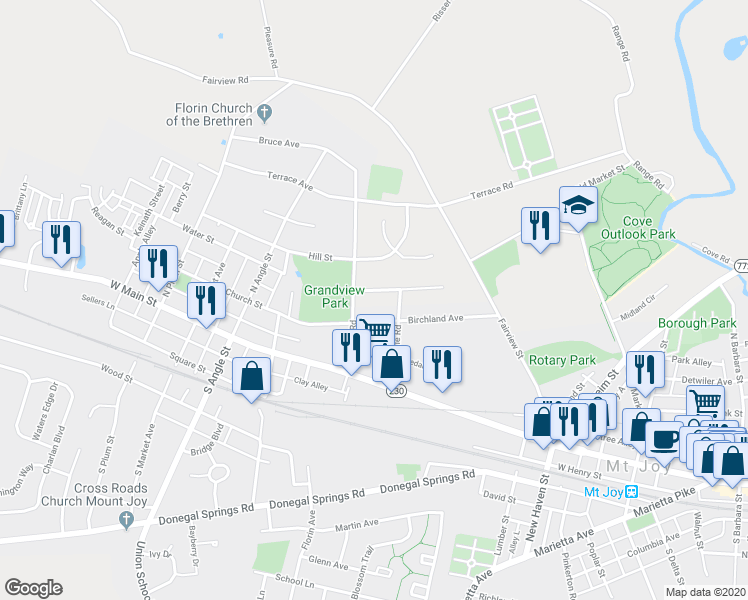 map of restaurants, bars, coffee shops, grocery stores, and more near 436 Deerfield Drive in Mount Joy