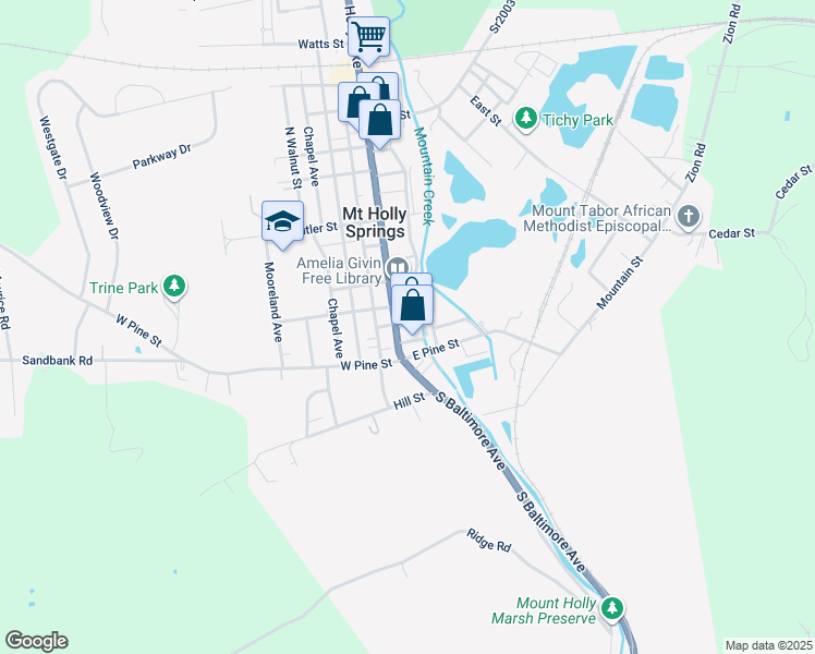 map of restaurants, bars, coffee shops, grocery stores, and more near 24 North Baltimore Avenue in Mount Holly Springs
