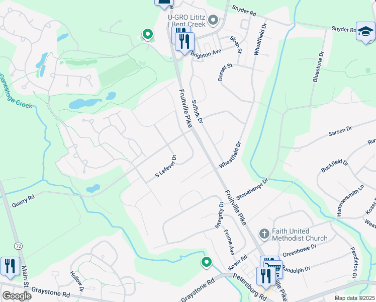 map of restaurants, bars, coffee shops, grocery stores, and more near 1158 South Bristol Drive in Lititz
