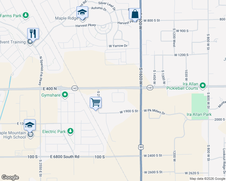 map of restaurants, bars, coffee shops, grocery stores, and more near 2247 Utah 147 in Springville