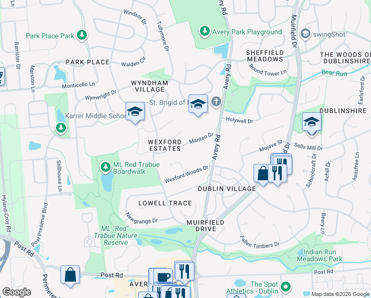 map of restaurants, bars, coffee shops, grocery stores, and more near 6321 Angeles Drive in Dublin
