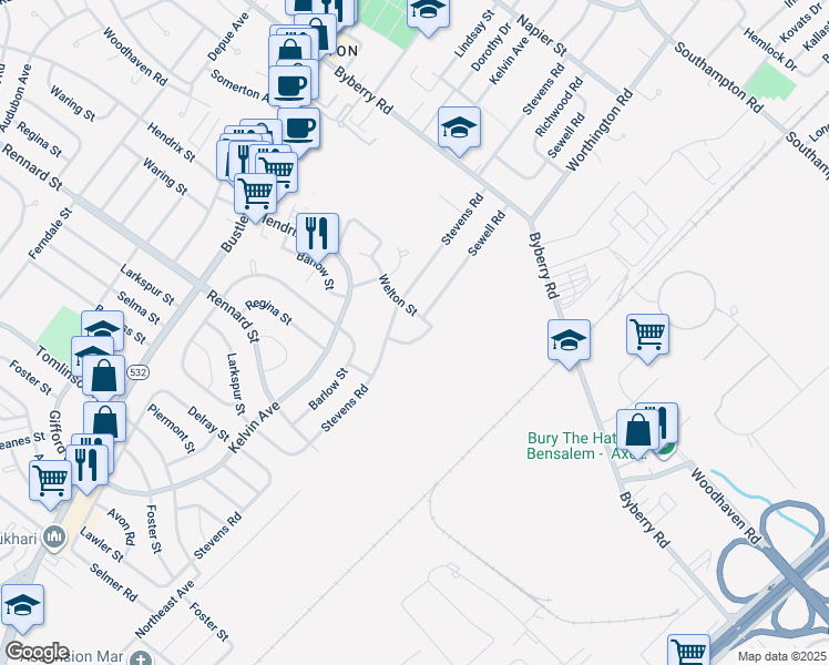 map of restaurants, bars, coffee shops, grocery stores, and more near 11864 Sewell Road in Philadelphia