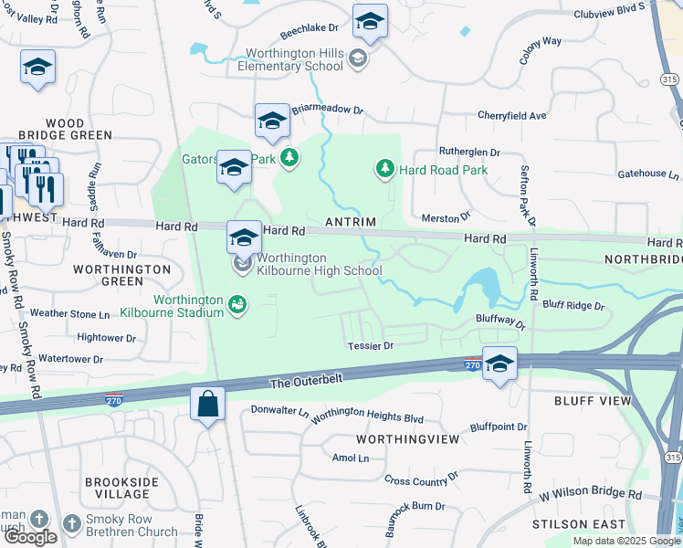 map of restaurants, bars, coffee shops, grocery stores, and more near 1318 Terrace Park Drive in Columbus