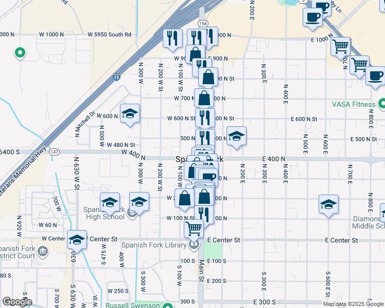map of restaurants, bars, coffee shops, grocery stores, and more near 9 West 500 North in Spanish Fork