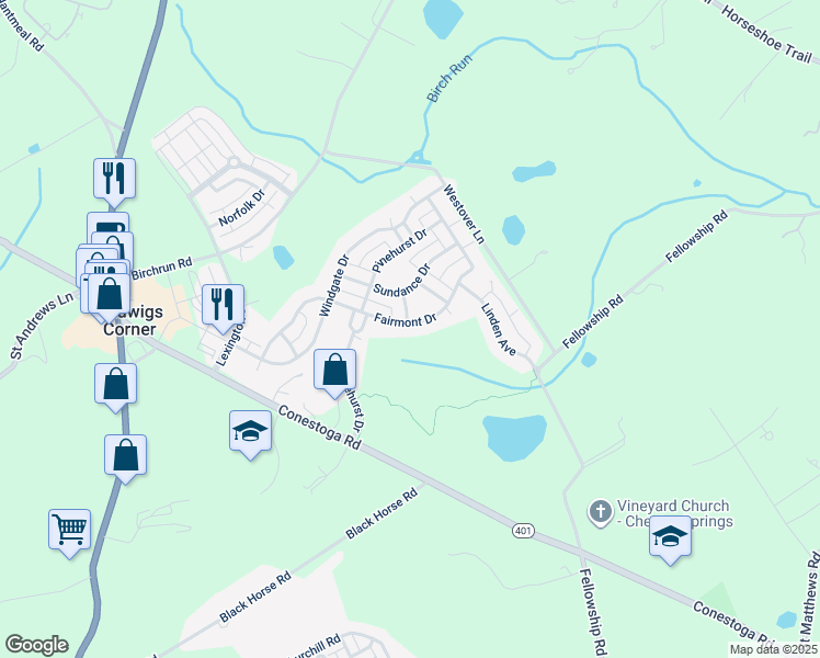 map of restaurants, bars, coffee shops, grocery stores, and more near 445 Fairmont Dr in Chester Springs