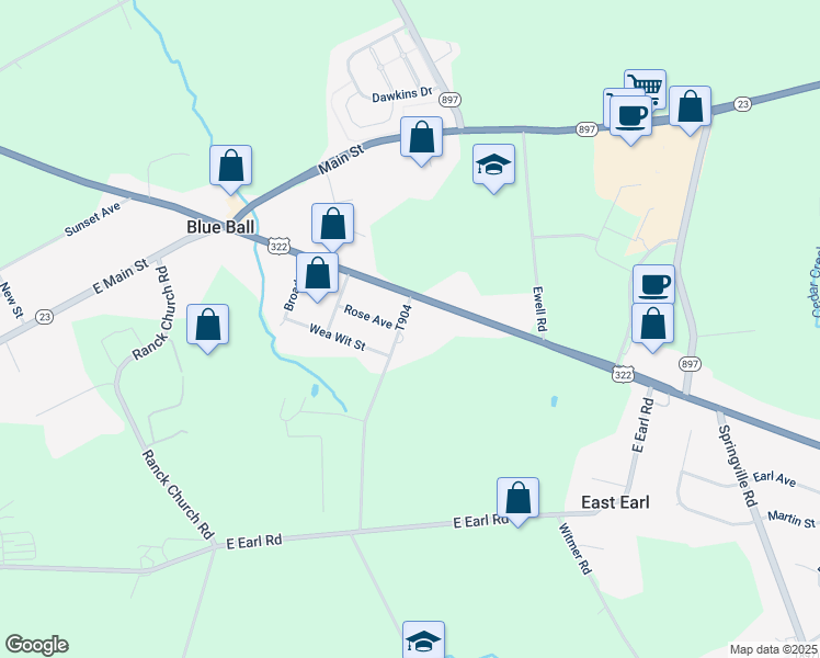map of restaurants, bars, coffee shops, grocery stores, and more near 180 Musser Road in East Earl