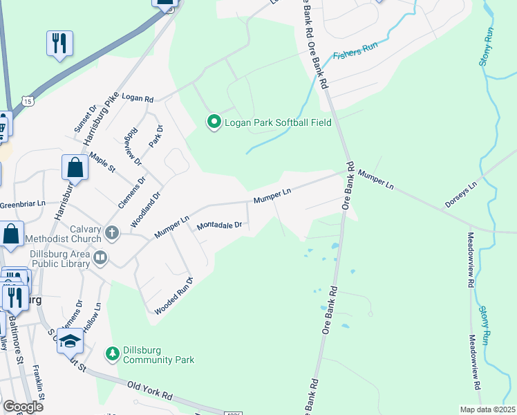 map of restaurants, bars, coffee shops, grocery stores, and more near 402 Mumper Lane in Dillsburg