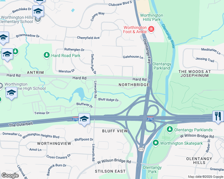 map of restaurants, bars, coffee shops, grocery stores, and more near 836 Bluffview Drive in Columbus
