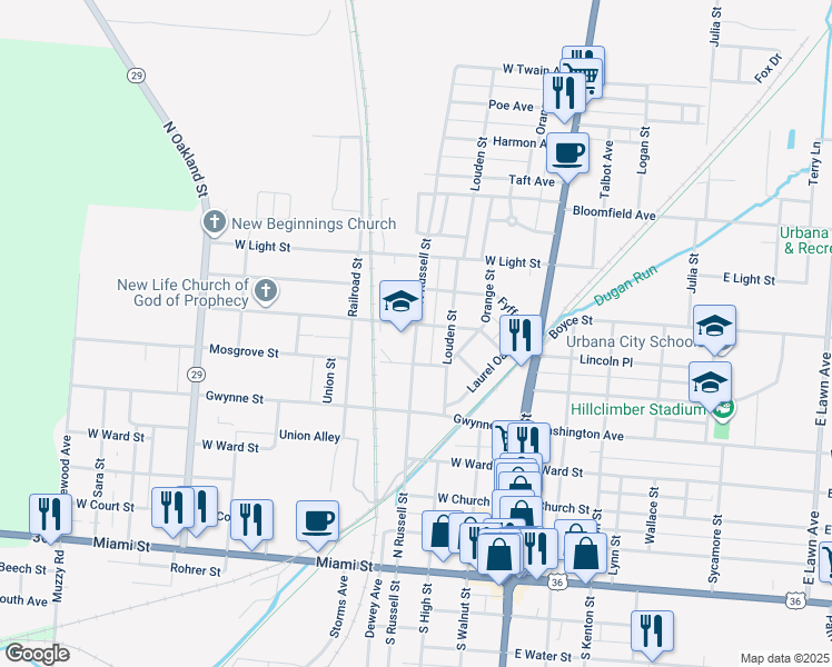 map of restaurants, bars, coffee shops, grocery stores, and more near 711 North Russell Street in Urbana