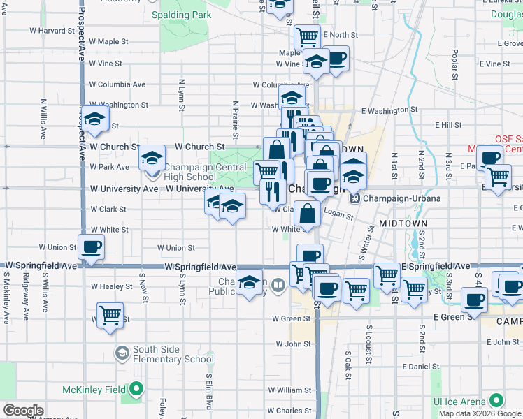 map of restaurants, bars, coffee shops, grocery stores, and more near 211 West University Avenue in Champaign