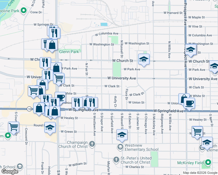 map of restaurants, bars, coffee shops, grocery stores, and more near 1403 West University Avenue in Champaign