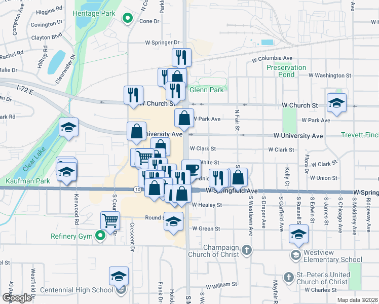 map of restaurants, bars, coffee shops, grocery stores, and more near 102 South Mattis Avenue in Champaign