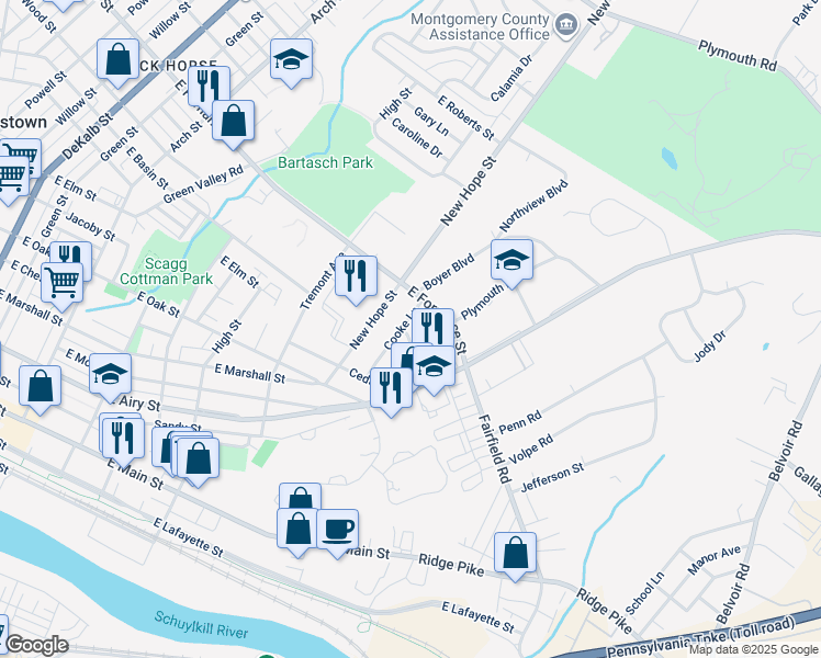 map of restaurants, bars, coffee shops, grocery stores, and more near 1000 Cooke Lane in Norristown