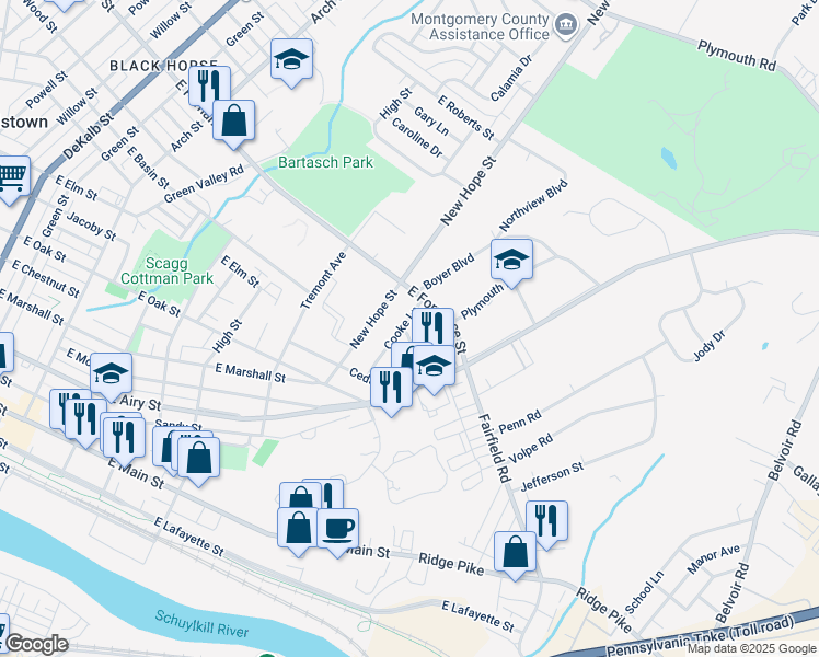 map of restaurants, bars, coffee shops, grocery stores, and more near 1000 Cooke Lane in Norristown