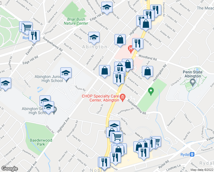 map of restaurants, bars, coffee shops, grocery stores, and more near 1936 Susquehanna Road in Abington