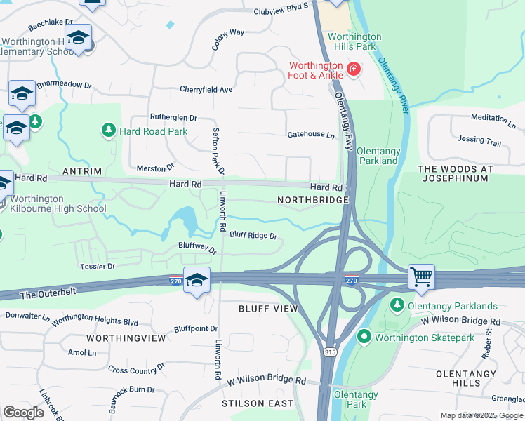 map of restaurants, bars, coffee shops, grocery stores, and more near 836 Bluffview Drive in Columbus