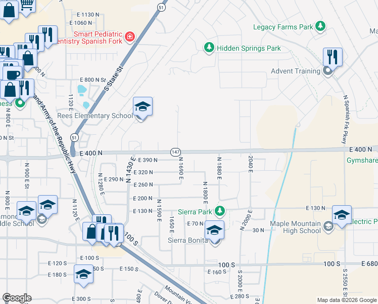 map of restaurants, bars, coffee shops, grocery stores, and more near Utah 147 in Springville