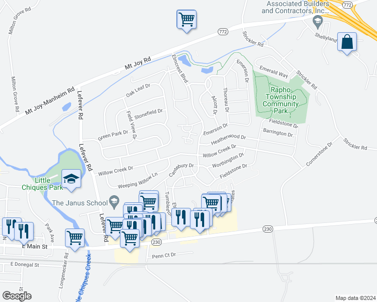 map of restaurants, bars, coffee shops, grocery stores, and more near 1277 Willow Creek Drive in Mount Joy