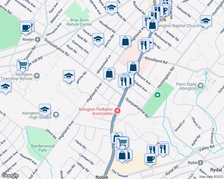 map of restaurants, bars, coffee shops, grocery stores, and more near 1936 Susquehanna Road in Abington