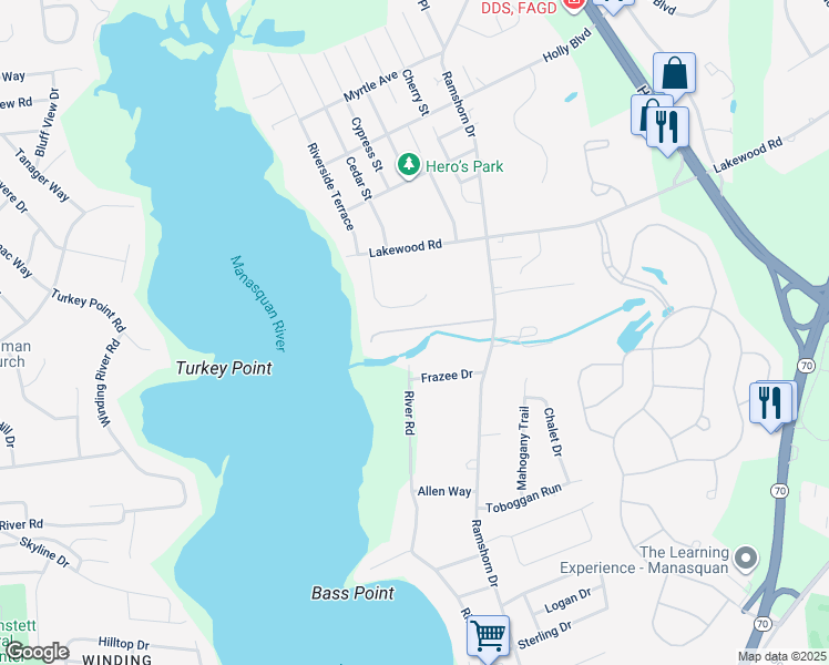 map of restaurants, bars, coffee shops, grocery stores, and more near 1615 Twin Lakes Drive in Manasquan