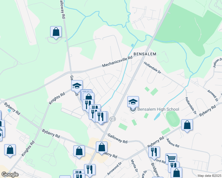 map of restaurants, bars, coffee shops, grocery stores, and more near 4225 Remo Crescent Road in Bensalem