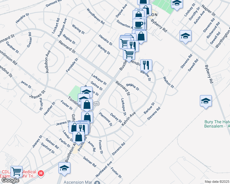 map of restaurants, bars, coffee shops, grocery stores, and more near 800 Larkspur Street in Philadelphia