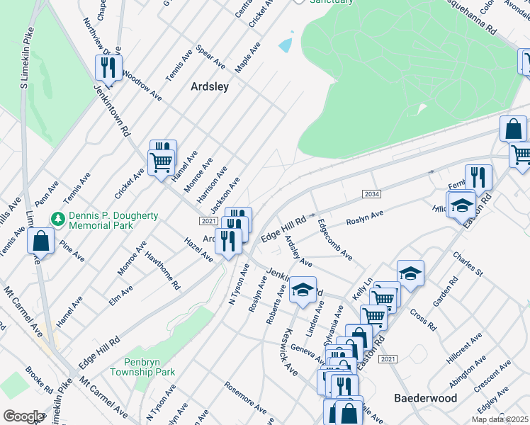 map of restaurants, bars, coffee shops, grocery stores, and more near 592 North Tyson Avenue in Glenside