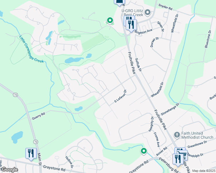 map of restaurants, bars, coffee shops, grocery stores, and more near 700 Woodfield Drive in Lititz