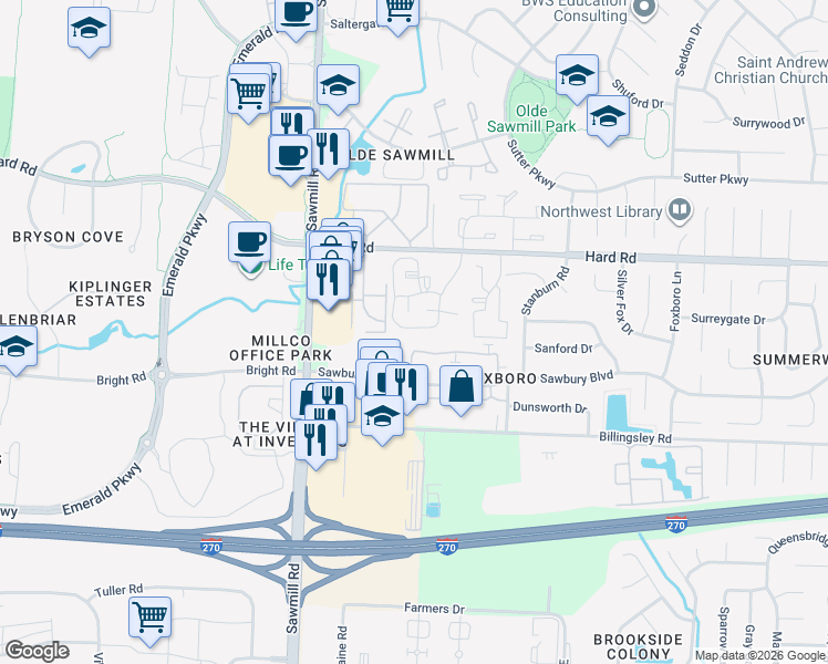 map of restaurants, bars, coffee shops, grocery stores, and more near 7872 Gilston Court in Columbus
