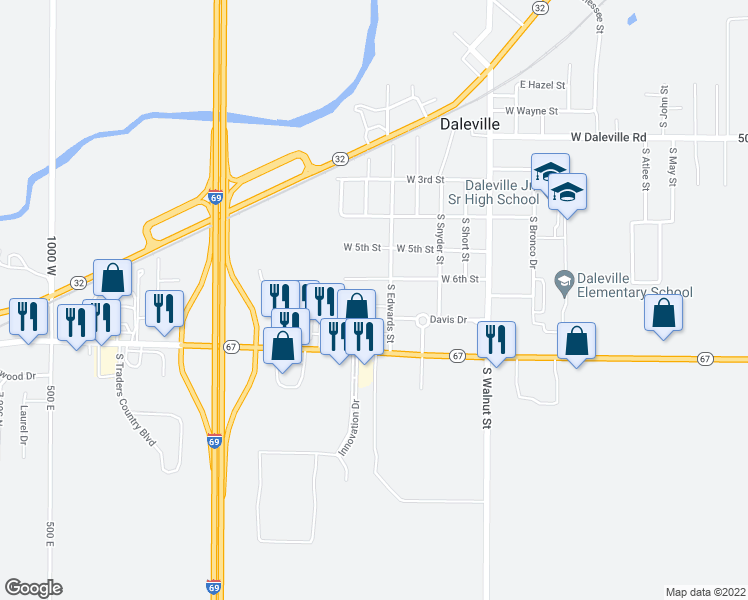 map of restaurants, bars, coffee shops, grocery stores, and more near 14916 West 7th Street in Daleville