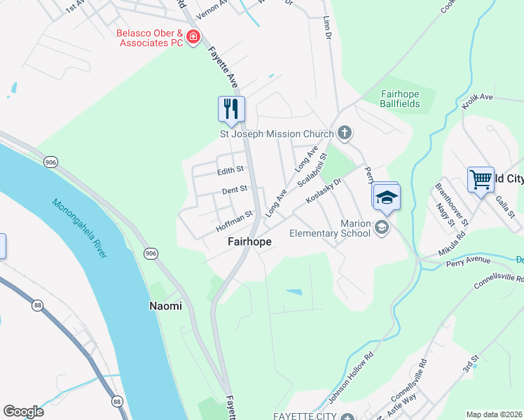 map of restaurants, bars, coffee shops, grocery stores, and more near 1345 Krett Way in Belle Vernon