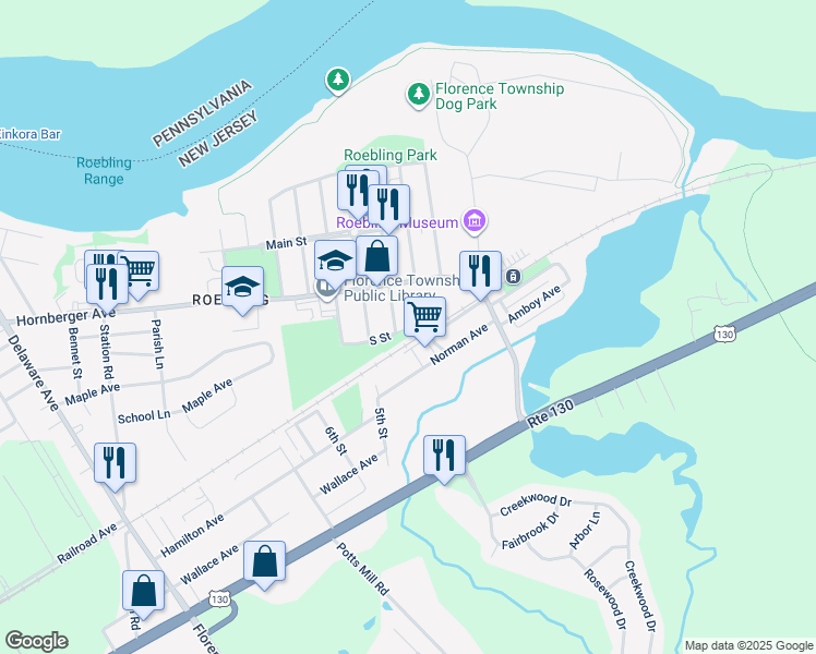 map of restaurants, bars, coffee shops, grocery stores, and more near 1 S Street in Florence Township