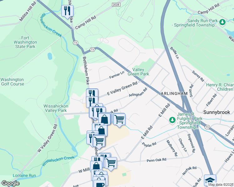 map of restaurants, bars, coffee shops, grocery stores, and more near 6329 East Valley Green Road in Flourtown